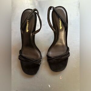 Larroude Annie Sandel black suede heels.